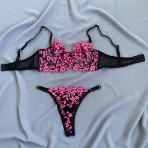 Pembe Çiçekli Bralet Sütyen Takımı