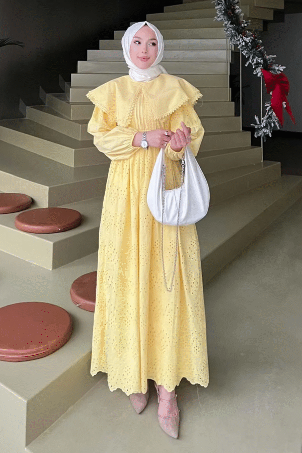 İnci Tanesi Rüya Elbise, fisto brode kumaşıyla zarafetin simgesi. %50 pamuk, %50 polyester, her adımda şıklık ve konfor. Hepdolu.com’da şıklığı keşfedin!