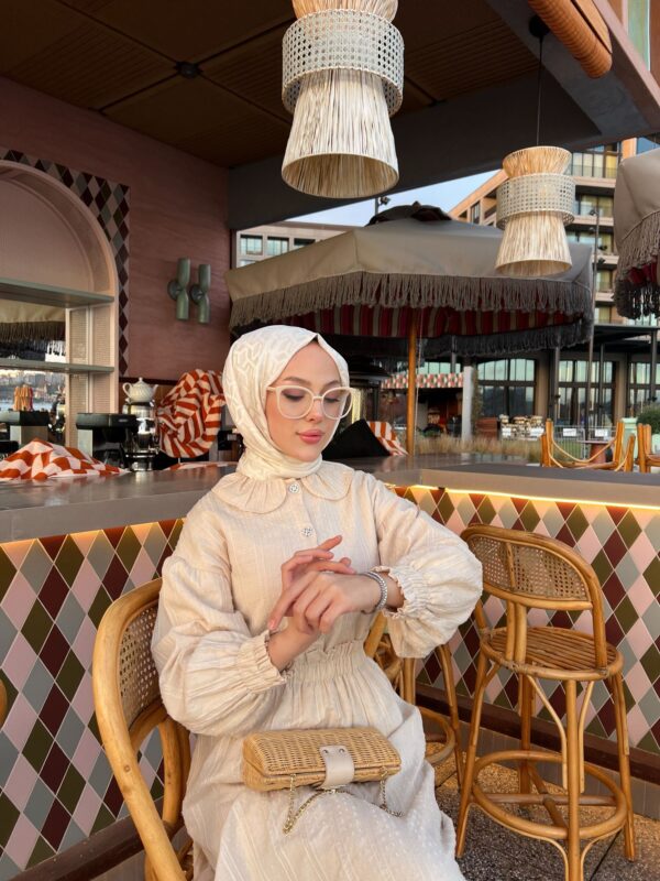 Zarafetin ve ışıltının buluştuğu Aurora Elegance bebe yaka sim detaylı elbise takım. 5 renk seçeneği ve 36-44 beden aralığıyla şimdi keşfedin!