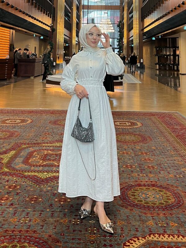 Zarafetin ve ışıltının buluştuğu Aurora Elegance bebe yaka sim detaylı elbise takım. 5 renk seçeneği ve 36-44 beden aralığıyla şimdi keşfedin!
