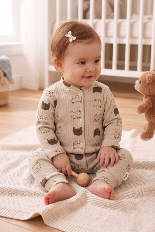 Ayıcık desenli bebek tulumu, fitilli bebek kıyafetleri, %100 pamuklu bebek giyim, çıtçıtlı tulum modelleri, yeni doğan tulum, Hepdolu bebek koleksiyonu, sağlıklı bebek kıyafetleri, esnek bebek tulumu.
