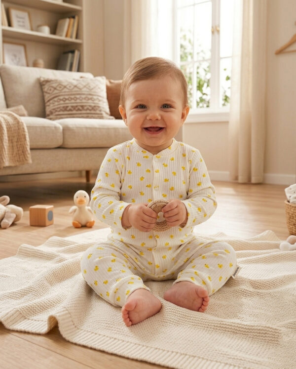 %100 pamuklu, fitilli, çıtçıtlı sarı civciv desenli bebek tulumu Hepdolu'da! Sağlıklı, konforlu ve şık bebek kıyafetlerini şimdi keşfedin.