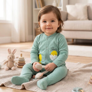 Bebeğiniz için sağlıklı %100 pamuklu, civciv desenli mint yeşili bebek tulumu. Patikli ve çıtçıtlı yapısıyla tam koruma ve konfor sağlar. Hemen sepetine ekle!