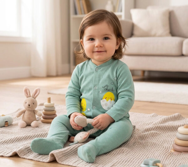 Bebeğiniz için sağlıklı %100 pamuklu, civciv desenli mint yeşili bebek tulumu. Patikli ve çıtçıtlı yapısıyla tam koruma ve konfor sağlar. Hemen sepetine ekle!
