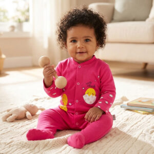 Canlı pembe, Cute Chick baskılı %100 pamuklu bebek tulumu Hepdolu'da! Çıtçıtlı, konforlu ve sevimli bebek kıyafetlerini şimdi keşfedin.