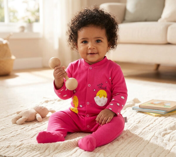 Canlı pembe, Cute Chick baskılı %100 pamuklu bebek tulumu Hepdolu'da! Çıtçıtlı, konforlu ve sevimli bebek kıyafetlerini şimdi keşfedin.