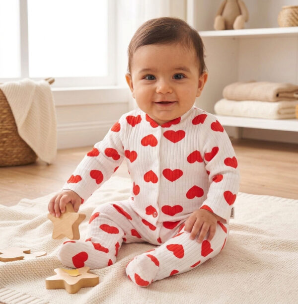 Gerçek pamuklu, fitilli, çıtçıtlı kalp desenli bebek tulumu Hepdolu'da! Konforlu ve sevimli bebek kıyafetlerini şimdi keşfedin.