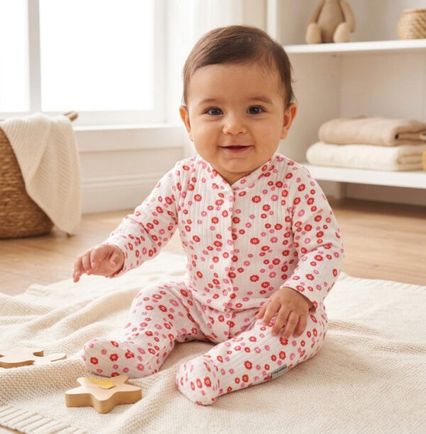 %100 pamuklu, fitilli, çıtçıtlı çiçek desenli bebek tulumu Hepdolu'da! Konforlu ve şık bebek kıyafetlerini şimdi keşfedin.