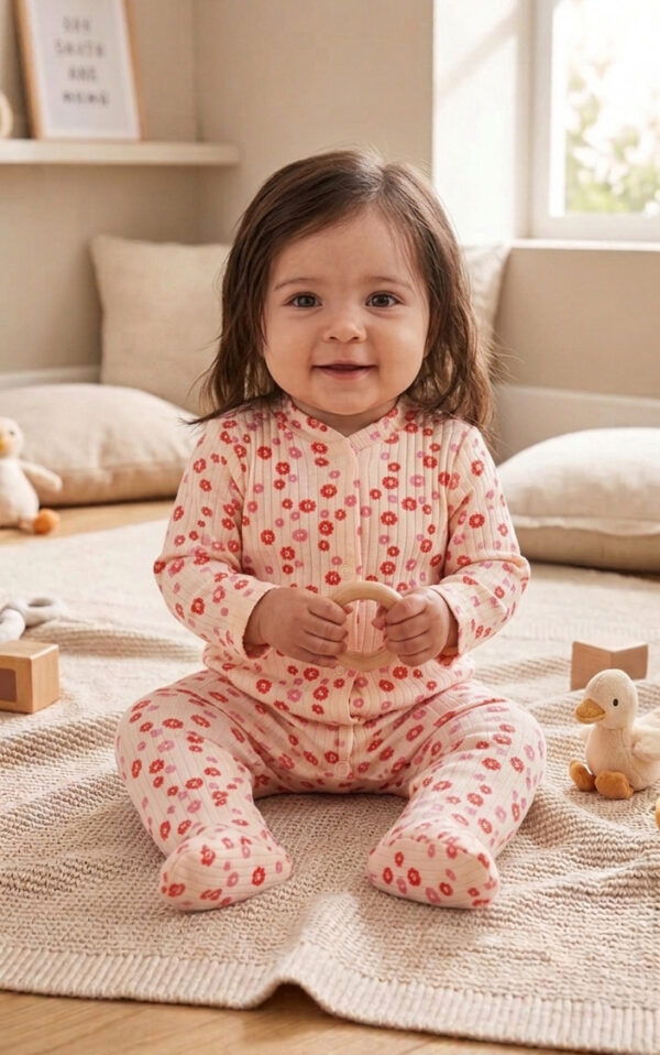 Bebeğiniz için premium %100 pamuklu, nefes alan ve şık çiçek desenli bebek tulumu. Çıtçıtlı tasarımıyla pratik kullanım sağlar. Hemen keşfedin, konforu şıklıkla birleştirin!