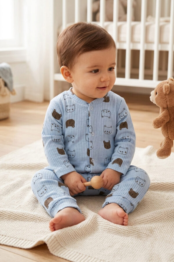 %100 pamuklu, yumuşacık fitilli kumaş ve sevimli ayıcık desenli bebek tulumu Hepdolu'da! Çıtçıtlı, konforlu ve şık bebek kıyafetlerini şimdi keşfedin.