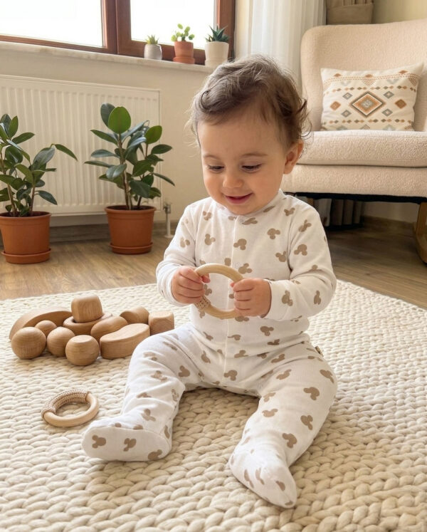 Bebeğinizin şıklığına minimalist bir dokunuş! %100 pamuklu, nefes alan fitilli dokusu ve taba mouse figürlü tasarımıyla gün boyu konfor ve zarafet Hepdolu'da sizi bekliyor.