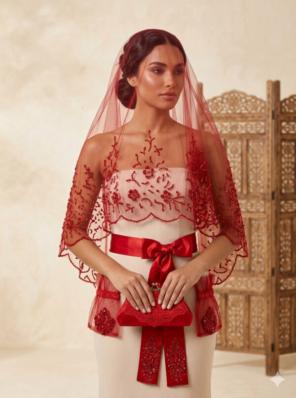 Çiçek nakışlı kırmızı kına duvağı, saten kuşak ve kına kesesi setiyle gecenin yıldızı olun. Cam boncuklu premium el işçiliği kına aksesuarları burada!