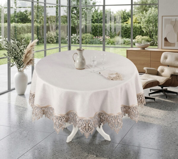 Dantelli gipürlü lüks yuvarlak masa örtüsü modeli - Gardenio %100 Polyester
