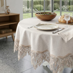Dantelli gipürlü lüks yuvarlak masa örtüsü modeli - Gardenio %100 Polyester
