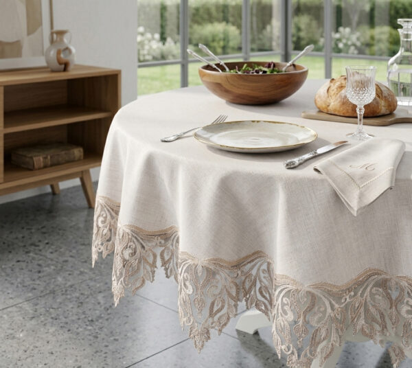 Dantelli gipürlü lüks yuvarlak masa örtüsü modeli - Gardenio %100 Polyester