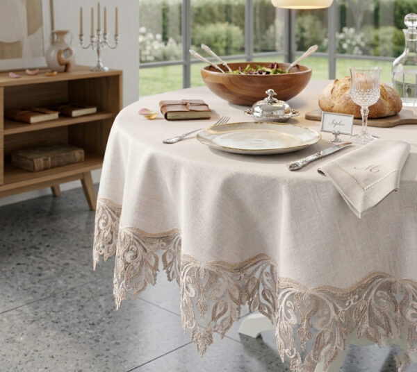 Dantelli gipürlü lüks yuvarlak masa örtüsü modeli - Gardenio %100 Polyester