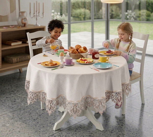 Dantelli gipürlü lüks yuvarlak masa örtüsü modeli - Gardenio %100 Polyester