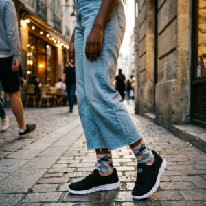 Sokakta yürüyen bir modelin ayağında siyah renkli, bağcıksız, hafif tekstil malzemeden üretilmiş erkek slip-on sneaker ayakkabı.