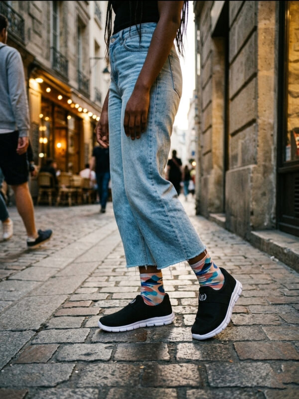 Sokakta yürüyen bir modelin ayağında siyah renkli, bağcıksız, hafif tekstil malzemeden üretilmiş erkek slip-on sneaker ayakkabı.