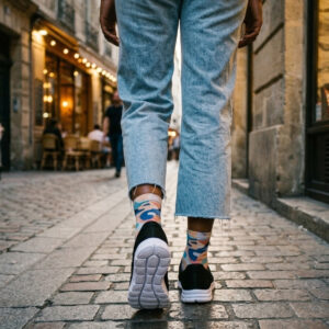 Sokakta yürüyen bir modelin ayağında siyah renkli, bağcıksız, hafif tekstil malzemeden üretilmiş erkek slip-on sneaker ayakkabı.