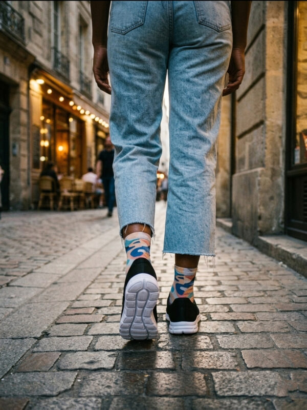 Sokakta yürüyen bir modelin ayağında siyah renkli, bağcıksız, hafif tekstil malzemeden üretilmiş erkek slip-on sneaker ayakkabı.