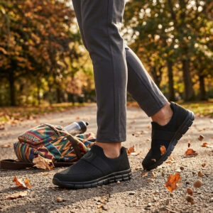 Sokakta yürüyen bir modelin ayağında siyah renkli, bağcıksız, hafif tekstil malzemeden üretilmiş erkek slip-on sneaker ayakkabı.