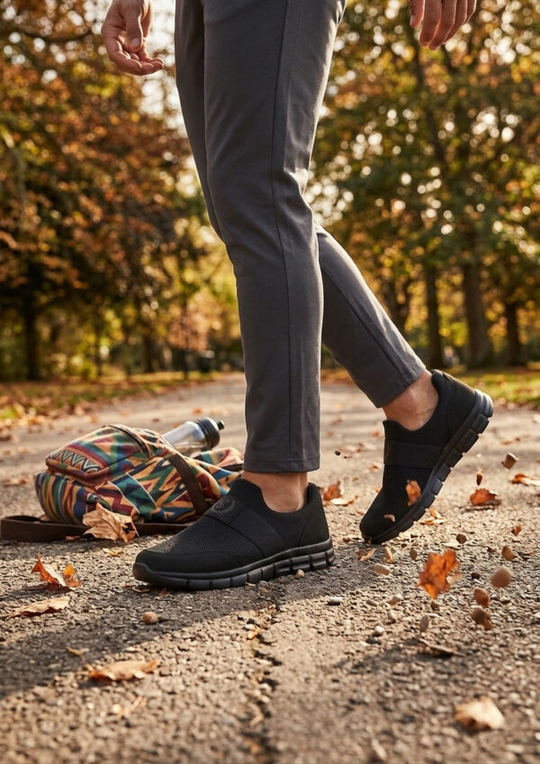 Sokakta yürüyen bir modelin ayağında siyah renkli, bağcıksız, hafif tekstil malzemeden üretilmiş erkek slip-on sneaker ayakkabı.
