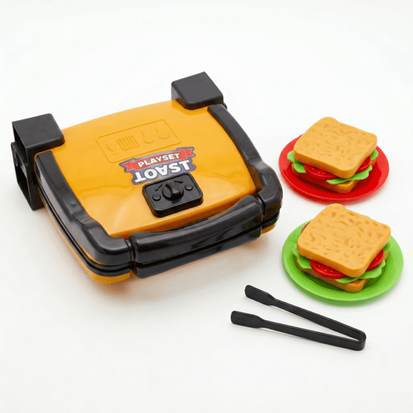 Sarı oyuncak tost makinesi seti 6 parça, sandviçli çocuk mutfak oyuncağı