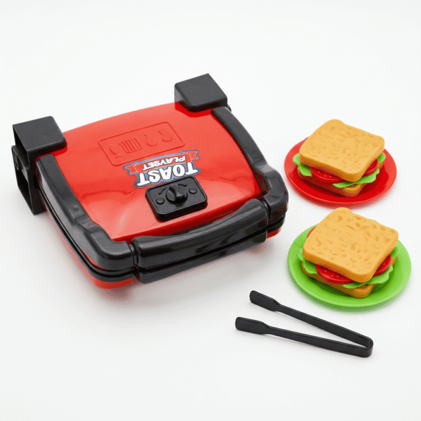 Kırmızı oyuncak tost makinesi seti 6 parça, sandviç tabak ve maşa ile evcilik mutfak oyuncağı