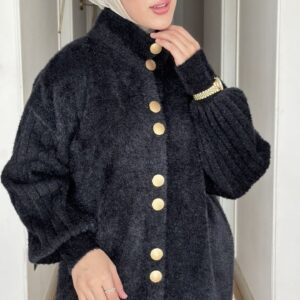 angora sakal uzun düğmeli hırka; dik yaka, gold düğme, balon kol ve standart beden. Ekru, bordo, siyah, kahve renk.