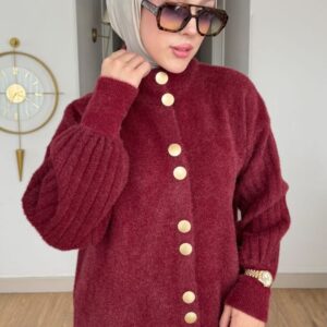 angora sakal uzun düğmeli hırka; dik yaka, gold düğme, balon kol ve standart beden. Ekru, bordo, siyah, kahve renk.