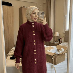 Angora Sakal Uzun Düğmeli Hırka Dik Yaka Gold Düğme