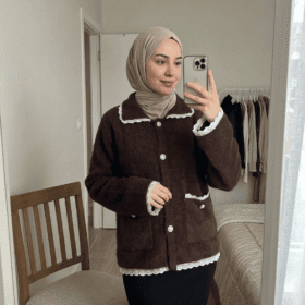 Angora Sakal Yakalı Düğmeli Hırka Cepli Kontrast Şeritli